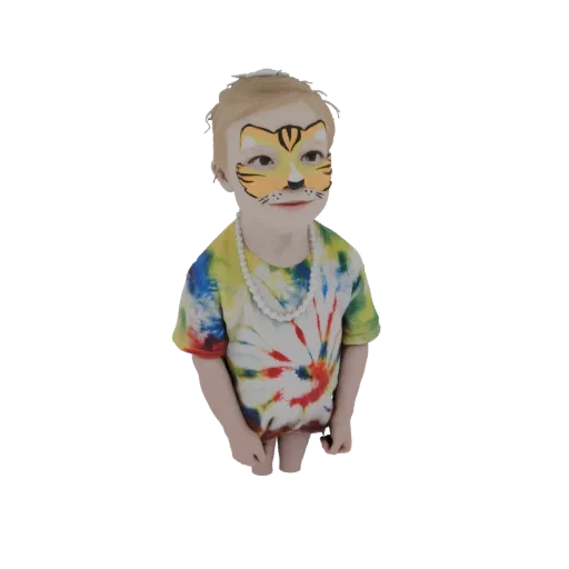 3D model of a child with tiger face paint, wearing a tie-dye shirt and pearl necklace, looking slightly to the side.