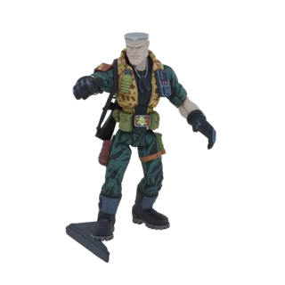 Modèle 3D figurine GI Joe Général Hawk en pose dynamique, portant uniforme camouflage et équipement tactique.