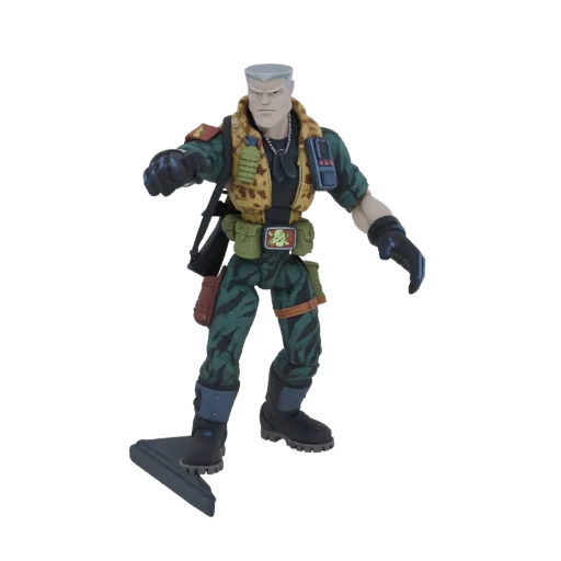 3D-Modell der GI Joe General Hawk Actionfigur in dynamischer Pose, trägt Tarnuniform und taktische Ausrüstung.