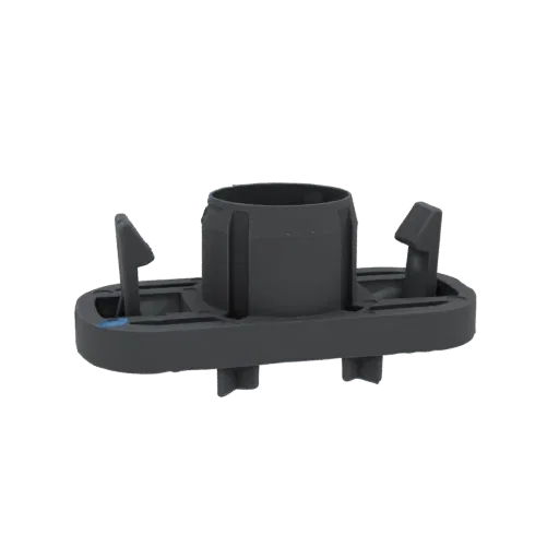 3D render of a black plastic clip with a cylindrical mount and two angled prongs, isolated on a white background.