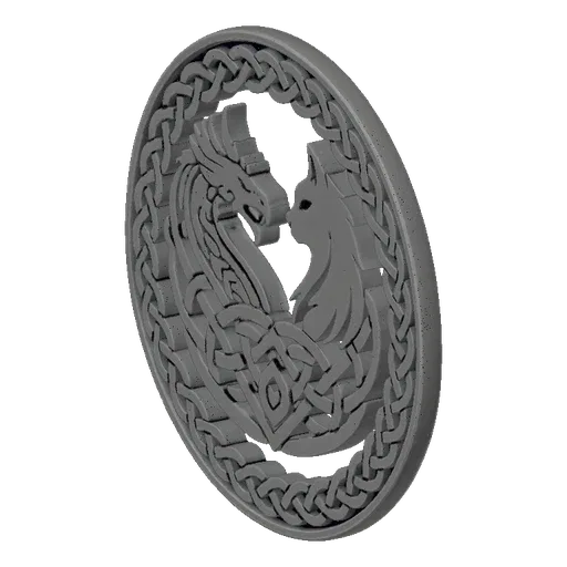 3D model render of a circular pendant featuring a dragon and cat embracing, surrounded by Celtic knotwork.