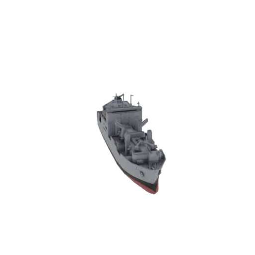3D model of a modern gray supply ship with detailed deck structures, viewed from a slight angle.