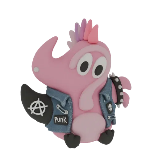 Modèle 3D licorne rose portant veste en jean, collier à clous et symbole anarchie sur la queue.