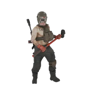 3D model of a wasteland warrior wearing a welding mask and holding a sledgehammer, with a backpack and tactical gear.