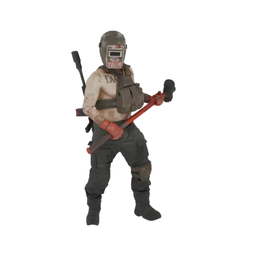 3D-Modell eines Wüstenkriegers mit Schweißermaske und Vorschlaghammer, mit Rucksack und taktischer Ausrüstung.