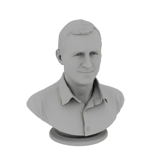 3D model render of a gray bust of a man with short hair and a collared shirt, smiling gently.
