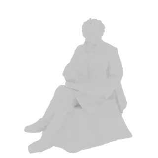Modello 3D di uomo seduto in abito formale, con le gambe incrociate e che tiene un libro.