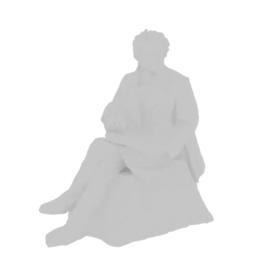 3D model of a man in formal attire seated, with his legs crossed and holding a book.