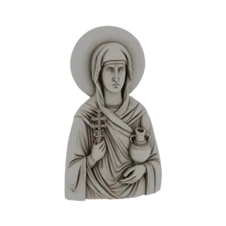 Renderizado de modelo 3D de busto de Santo Ortodoxo con halo, sosteniendo una cruz y una jarra, representado en material gris