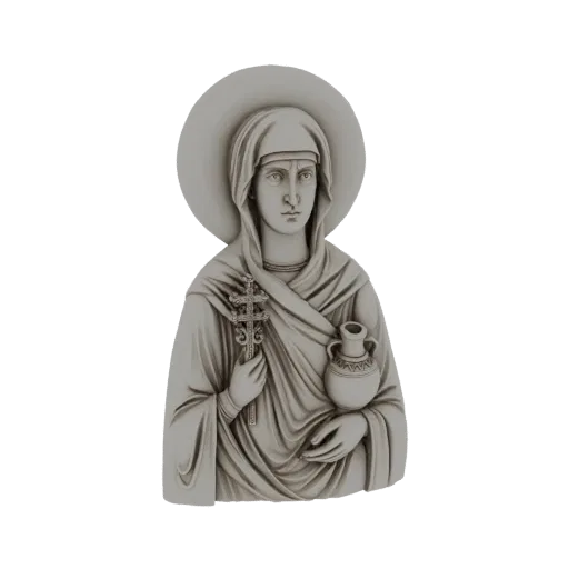 3D model render of an Orthodox Saint bust with a halo, holding a cross and a jar, depicted in a neutral grey material.