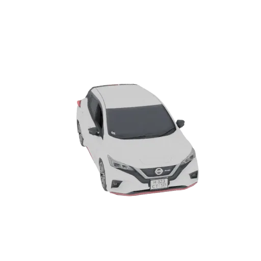 A 3D model of a white Nissan Leaf electric car, viewed from a slightly elevated front-right angle against a black background.