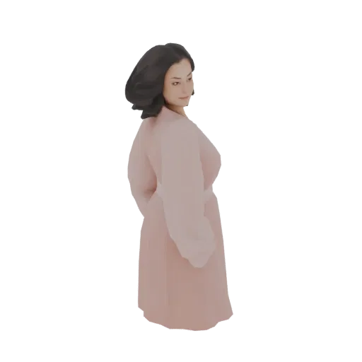 3D model of an elegant woman with dark hair, wearing a flowing pink dress, posed looking over her shoulder.
