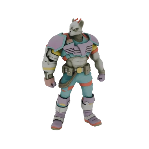 3D model of a sci-fi raccoon warrior with purple and teal armor, standing against a white background.