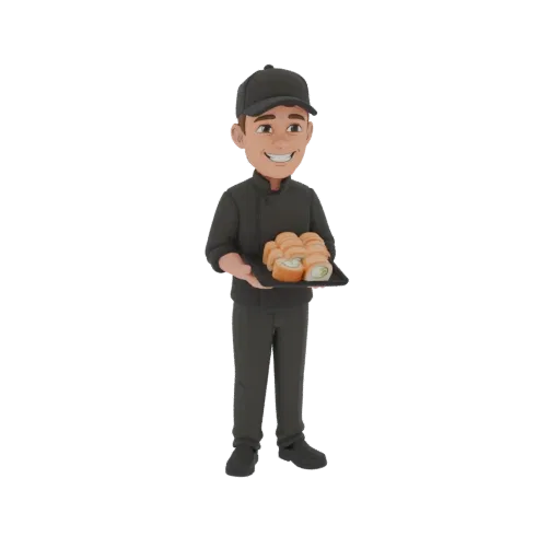 3D model of a smiling sushi chef in a black uniform, holding a black platter with several sushi rolls.