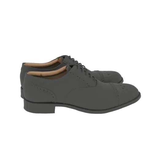 3D model of classic grey Oxford brogue shoes with intricate broguing details, shown from a side angle.
