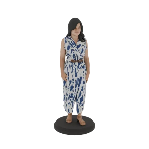 3D model render of a woman standing on a circular base, wearing a sleeveless blue and white abstract print jumpsuit and brown