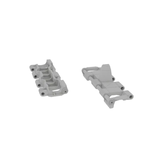 A 3D render of two industrial machine parts, one complex and layered, the other linear with cylindrical elements, set against a black background.