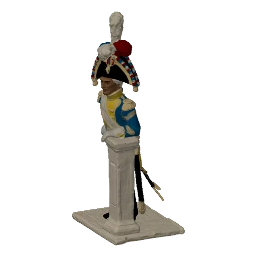 3D model of a Napoleonic era officer in a blue uniform with a bicorne hat, standing next to a white plinth and holding a bato