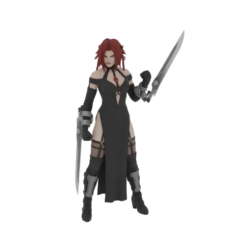 3D model of a female fantasy character with red hair, wearing a black dress and holding two swords, posed for action.