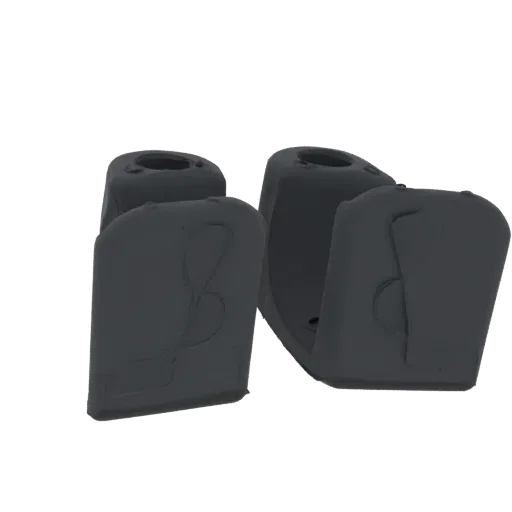 A 3D render of two dark gray, stylized earbud cases placed next to each other, showcasing their abstract and modern design.