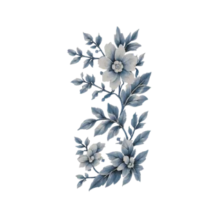 Un modelo 3D de una elegante rama floral con flores y hojas azules, sobre un fondo blanco.