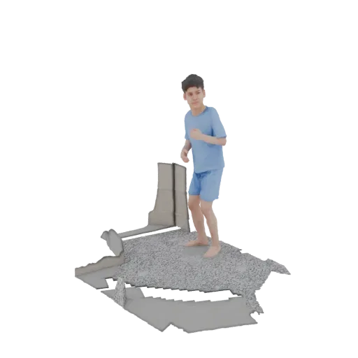 3D render of a young boy standing on a detailed, fragmented ruined terrain, with broken structures.