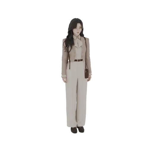 Modello 3D di donna elegante in piedi, con giacca corta beige, camicetta con fiocco e pantaloni a zampa, con piccola borsa a