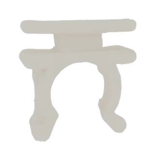 3D model render of a white plastic cable clip with a U-shaped body and two prongs, designed for wire management.