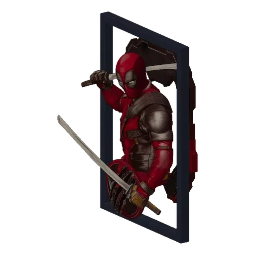 3D model of Deadpool in his red suit, holding two swords in a dynamic pose, framed within a dark border.
