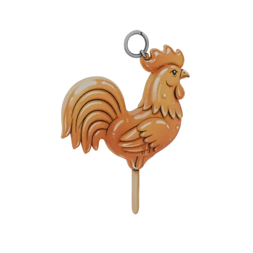 3D model of a golden rooster-shaped lollipop with a glossy finish and a wooden stick, featuring a small metal loop at the top.