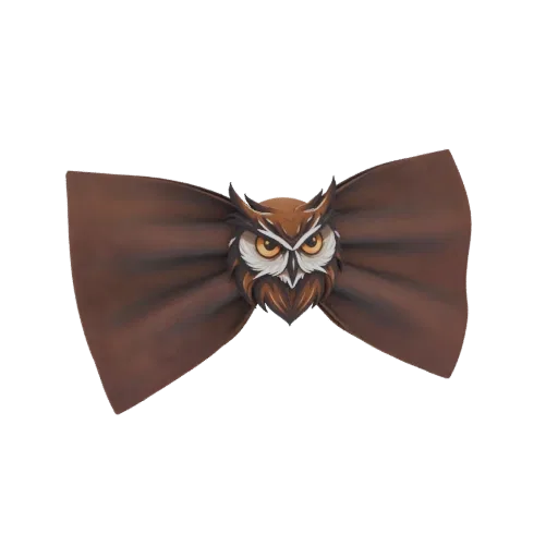 3D model of a brown bow tie with a detailed owl face in the center, set against a black background.