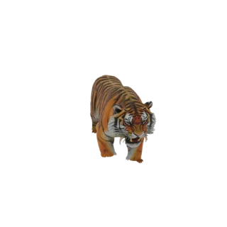 Modèle 3D d'un tigre avec la gueule ouverte en rugissement, montrant ses crocs et son expression intense.