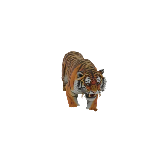 3D-Modell eines Tigers mit offenem Maul im Brüllen, das seine Reißzähne und seinen intensiven Ausdruck zeigt.