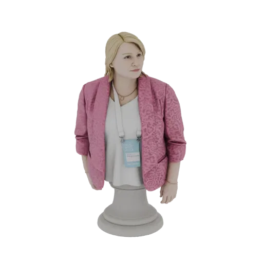 3D model preview of a woman's bust wearing a pink textured blazer, white shirt, and an ID badge, mounted on a pedestal.