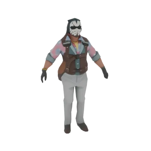 3D model of a stylized character wearing a white hockey mask, a colorful shirt, a brown utility vest, and light grey pants, s