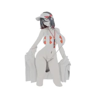 Modello 3D di una figura femminile in stile anime in bikini bianco e rosso, con visiera e che tiene un asciugamano bianco dra