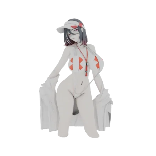 3D-Modell einer weiblichen Figur im Anime-Stil in weiß-rotem Bikini, mit Visier und einem drapierten weißen Handtuch.