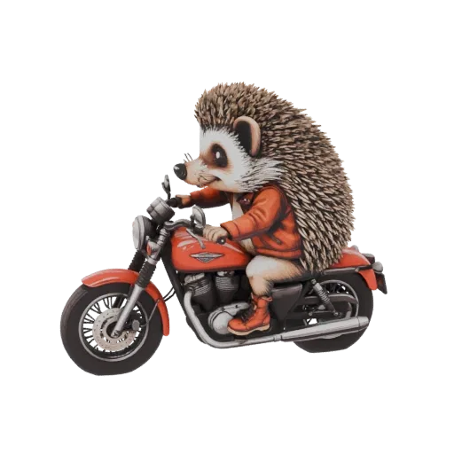3D model of a cartoon hedgehog wearing a red leather jacket and riding a red motorcycle.