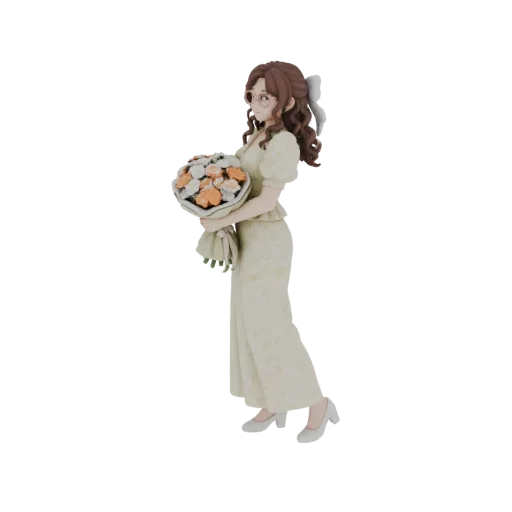 3D model of an elegant woman with brown hair, wearing glasses and a light-colored dress, holding a bouquet of orange and whit