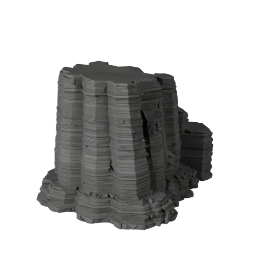 Basalt Column Cluster High Poly 3D model, close-up cinematic environment render, showing stratified stone, rock faces.