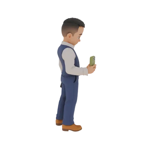 3D model of a young man in a blue vest and white shirt, holding a green smartphone and looking at its screen.