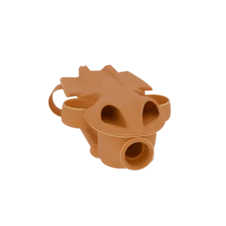 3D render of an ornate gas mask with dual filters, presented in a terracotta finish, against a white background.