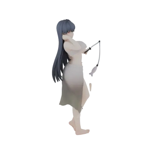 3D model of an anime girl with long dark hair, wearing a white outfit, holding a fishing rod with a toy fish.