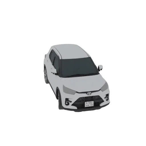 Modelo 3D de um SUV Toyota Raize branco, visto de um ângulo frontal-direito ligeiramente elevado.