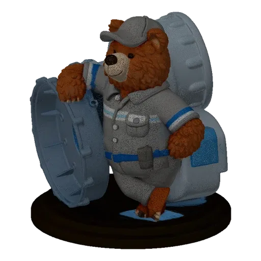 3D model of a brown bear wearing a mechanic's uniform and cap, holding a blue jet engine part.