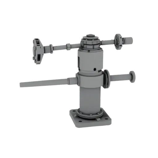 3D model of mechanical assembly with collet clamp, showing shaft, collet, and support flange.
