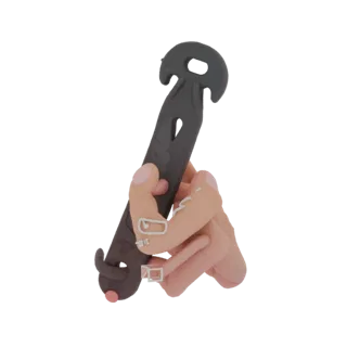 A 3D render of a stylized cartoon hand with light skin tone holding a dark gray tool with a hook-like end.