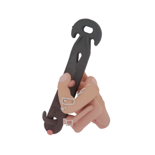 A 3D render of a stylized cartoon hand with light skin tone holding a dark gray tool with a hook-like end.
