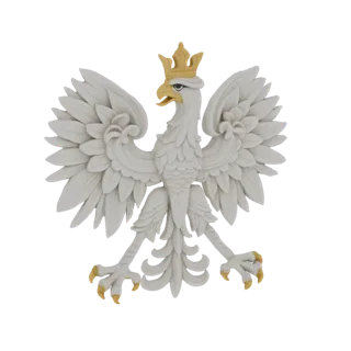Modelo 3D de uma águia branca com asas abertas, usando uma coroa dourada, contra um fundo branco.