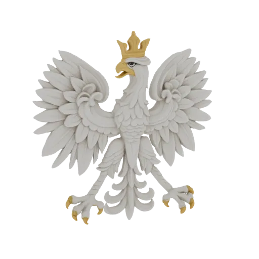 Modelo 3D de un águila blanca con alas extendidas, con corona dorada, sobre fondo blanco.